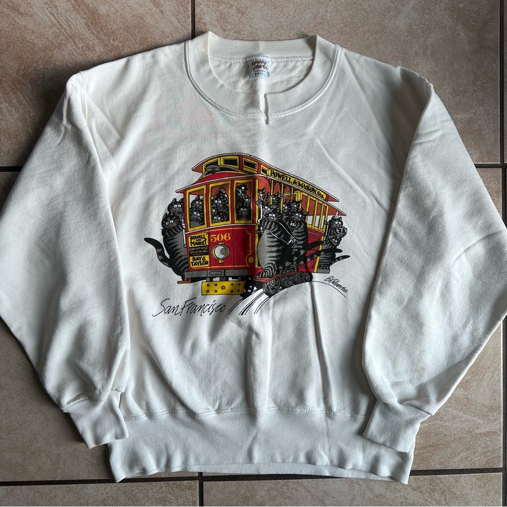 Vintage White Sweater with San Francisco Graphic of Cats
